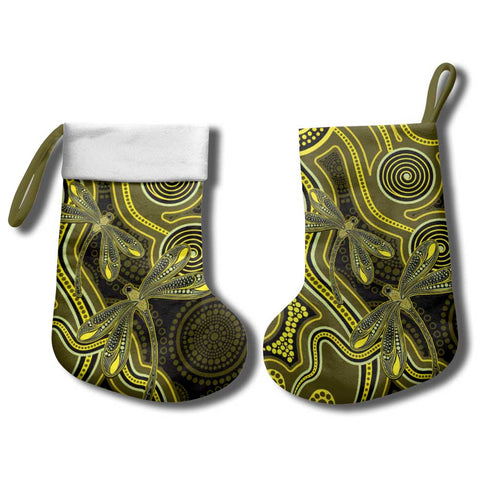 Yellow Indigenous Dragonfly Australia Christmas Stocking Aboriginal Art - Aussie Hoodie
