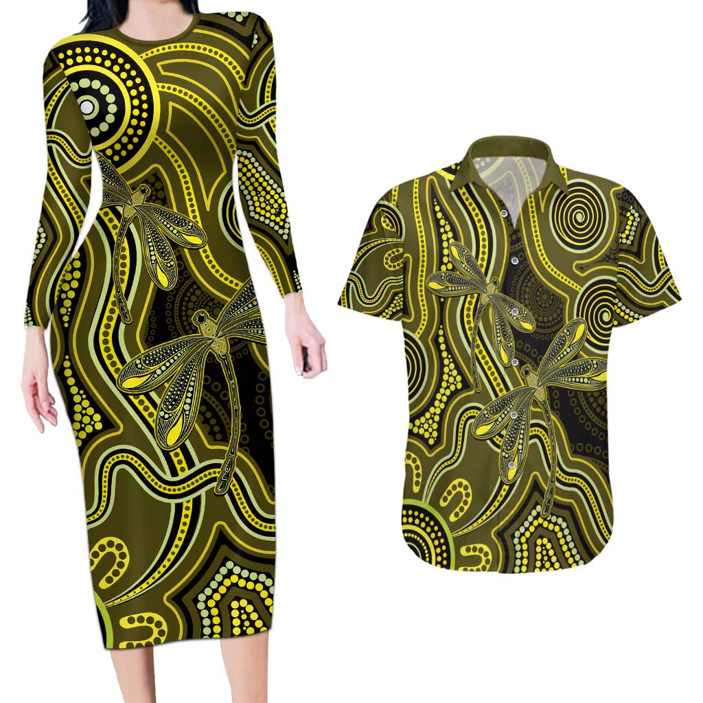 Yellow Indigenous Dragonfly Australia Couples Matching Long Sleeve Bodycon Dress and Hawaiian Shirt Aboriginal Art - Aussie Hoodie