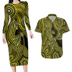 Yellow Indigenous Dragonfly Australia Couples Matching Long Sleeve Bodycon Dress and Hawaiian Shirt Aboriginal Art - Aussie Hoodie