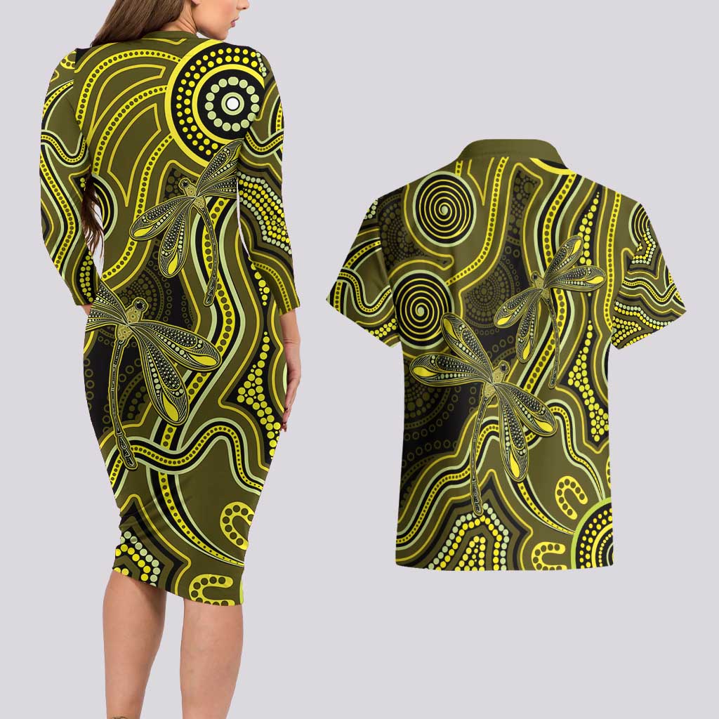 Yellow Indigenous Dragonfly Australia Couples Matching Long Sleeve Bodycon Dress and Hawaiian Shirt Aboriginal Art - Aussie Hoodie