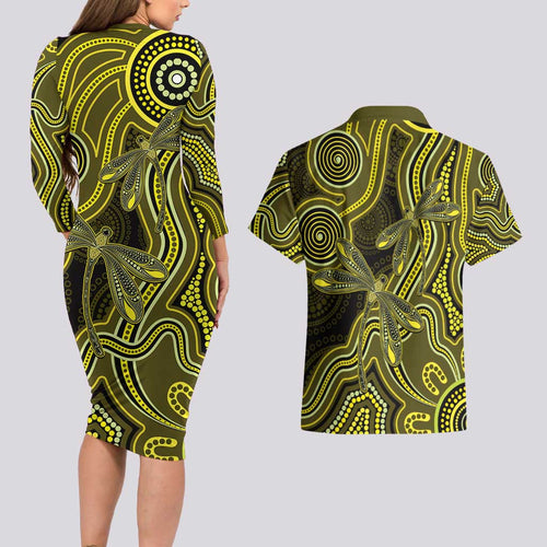 Yellow Indigenous Dragonfly Australia Couples Matching Long Sleeve Bodycon Dress and Hawaiian Shirt Aboriginal Art - Aussie Hoodie