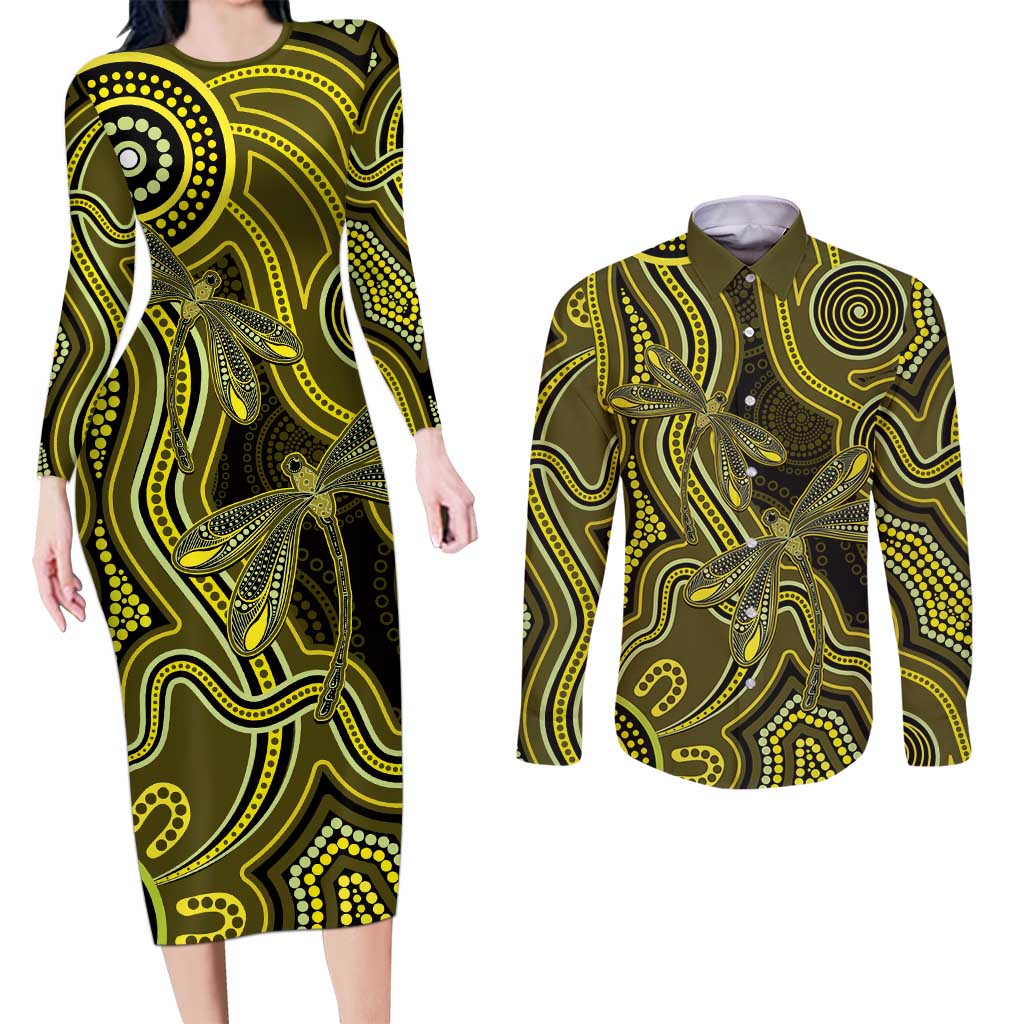 Yellow Indigenous Dragonfly Australia Couples Matching Long Sleeve Bodycon Dress and Long Sleeve Button Shirt Aboriginal Art - Aussie Hoodie