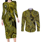 Yellow Indigenous Dragonfly Australia Couples Matching Long Sleeve Bodycon Dress and Long Sleeve Button Shirt Aboriginal Art - Aussie Hoodie