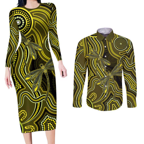 Yellow Indigenous Dragonfly Australia Couples Matching Long Sleeve Bodycon Dress and Long Sleeve Button Shirt Aboriginal Art - Aussie Hoodie