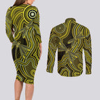 Yellow Indigenous Dragonfly Australia Couples Matching Long Sleeve Bodycon Dress and Long Sleeve Button Shirt Aboriginal Art - Aussie Hoodie