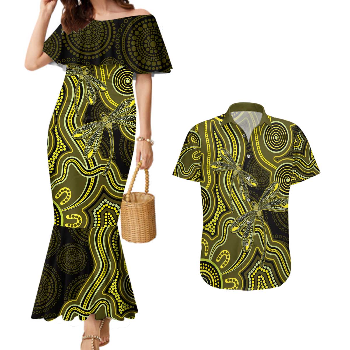 Yellow Indigenous Dragonfly Australia Couples Matching Mermaid Dress and Hawaiian Shirt Aboriginal Art - Aussie Hoodie
