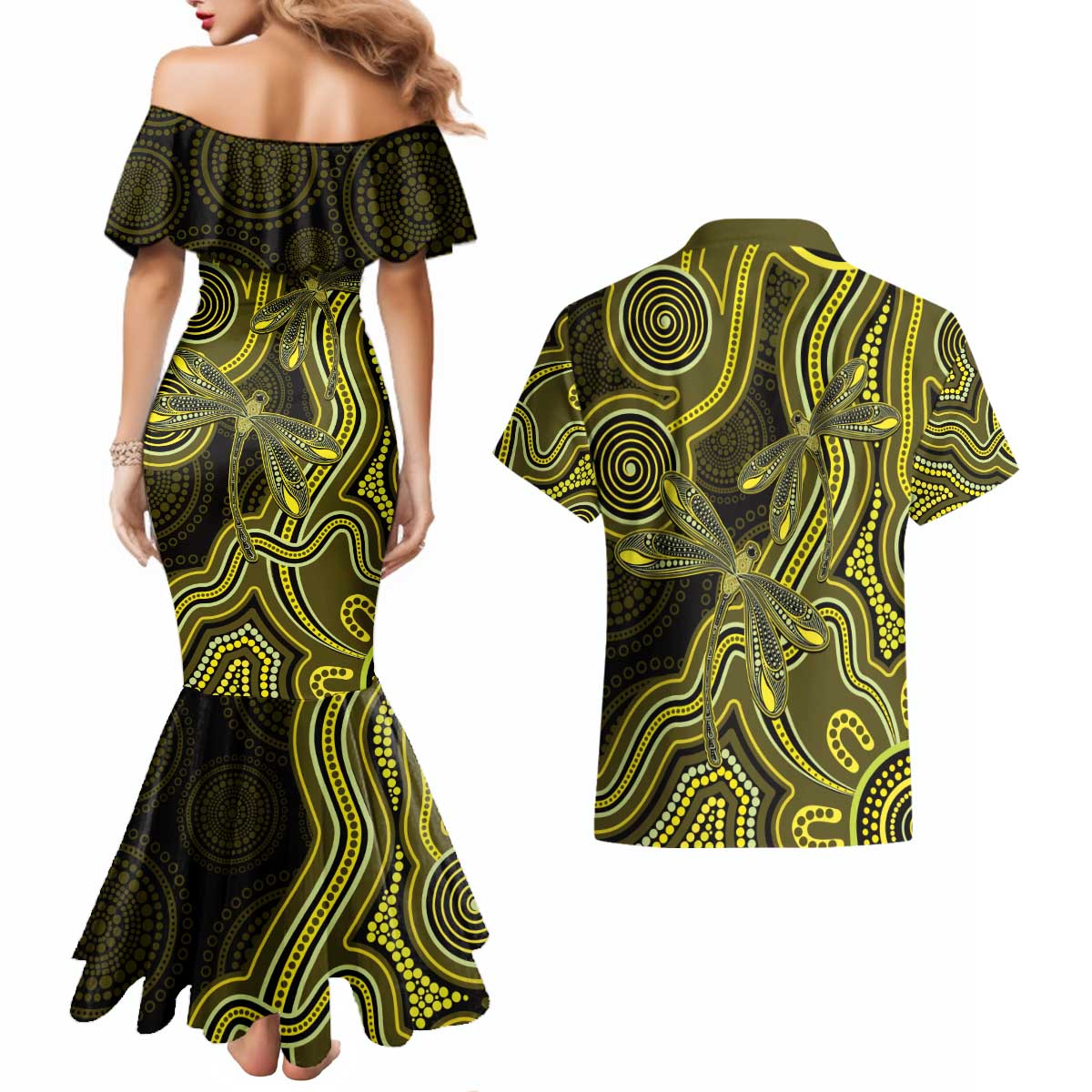 Yellow Indigenous Dragonfly Australia Couples Matching Mermaid Dress and Hawaiian Shirt Aboriginal Art - Aussie Hoodie