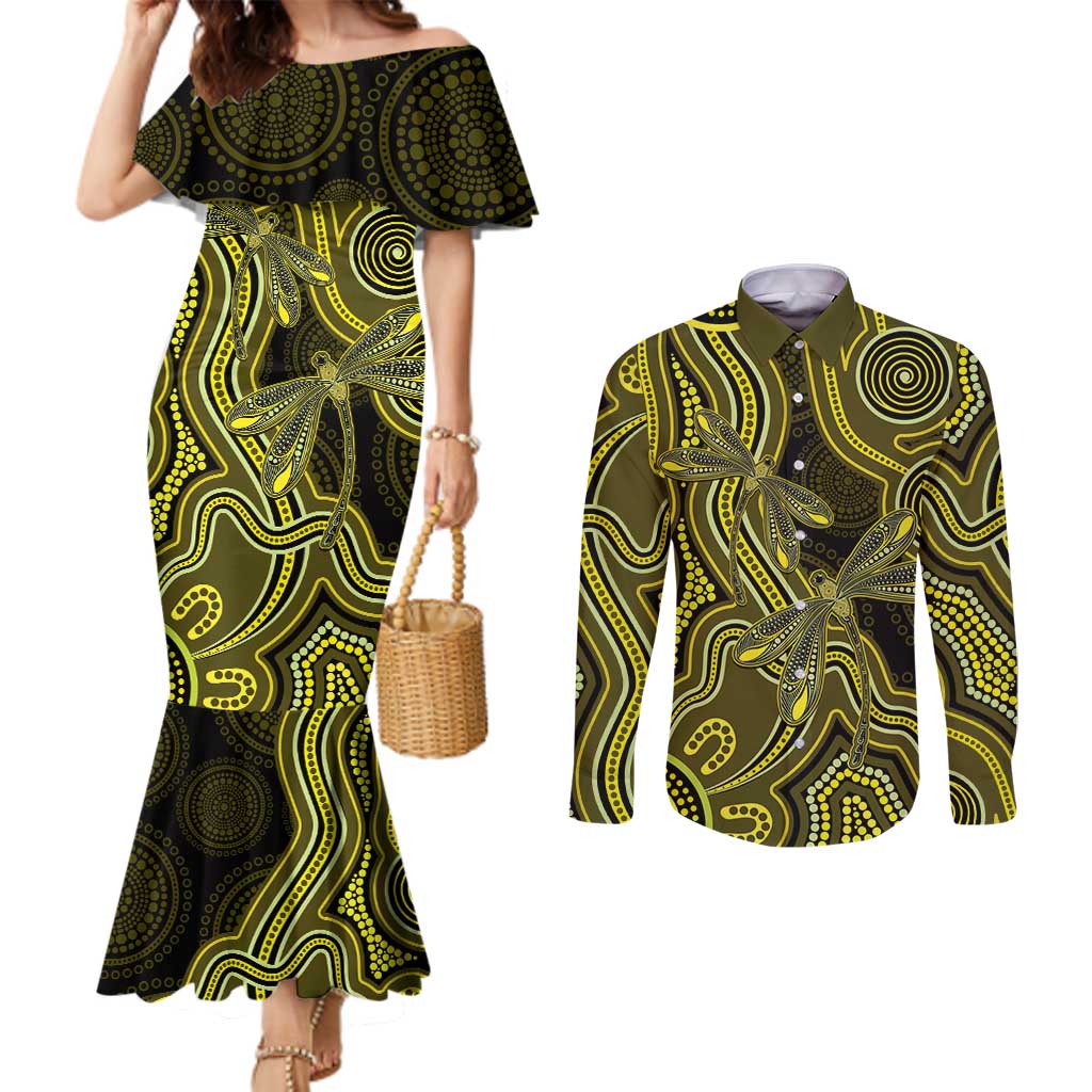 Yellow Indigenous Dragonfly Australia Couples Matching Mermaid Dress and Long Sleeve Button Shirt Aboriginal Art - Aussie Hoodie