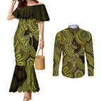 Yellow Indigenous Dragonfly Australia Couples Matching Mermaid Dress and Long Sleeve Button Shirt Aboriginal Art - Aussie Hoodie