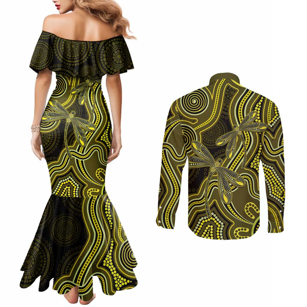 Yellow Indigenous Dragonfly Australia Couples Matching Mermaid Dress and Long Sleeve Button Shirt Aboriginal Art - Aussie Hoodie
