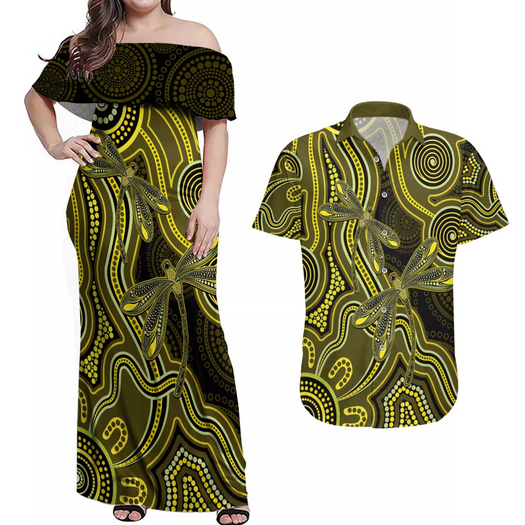 Yellow Indigenous Dragonfly Australia Couples Matching Off Shoulder Maxi Dress and Hawaiian Shirt Aboriginal Art - Aussie Hoodie