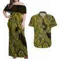 Yellow Indigenous Dragonfly Australia Couples Matching Off Shoulder Maxi Dress and Hawaiian Shirt Aboriginal Art - Aussie Hoodie