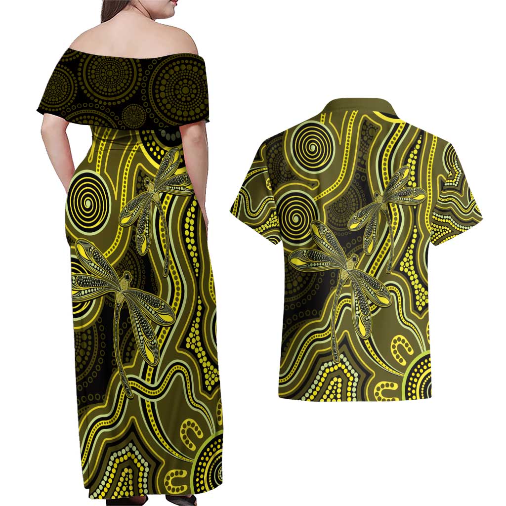 Yellow Indigenous Dragonfly Australia Couples Matching Off Shoulder Maxi Dress and Hawaiian Shirt Aboriginal Art - Aussie Hoodie