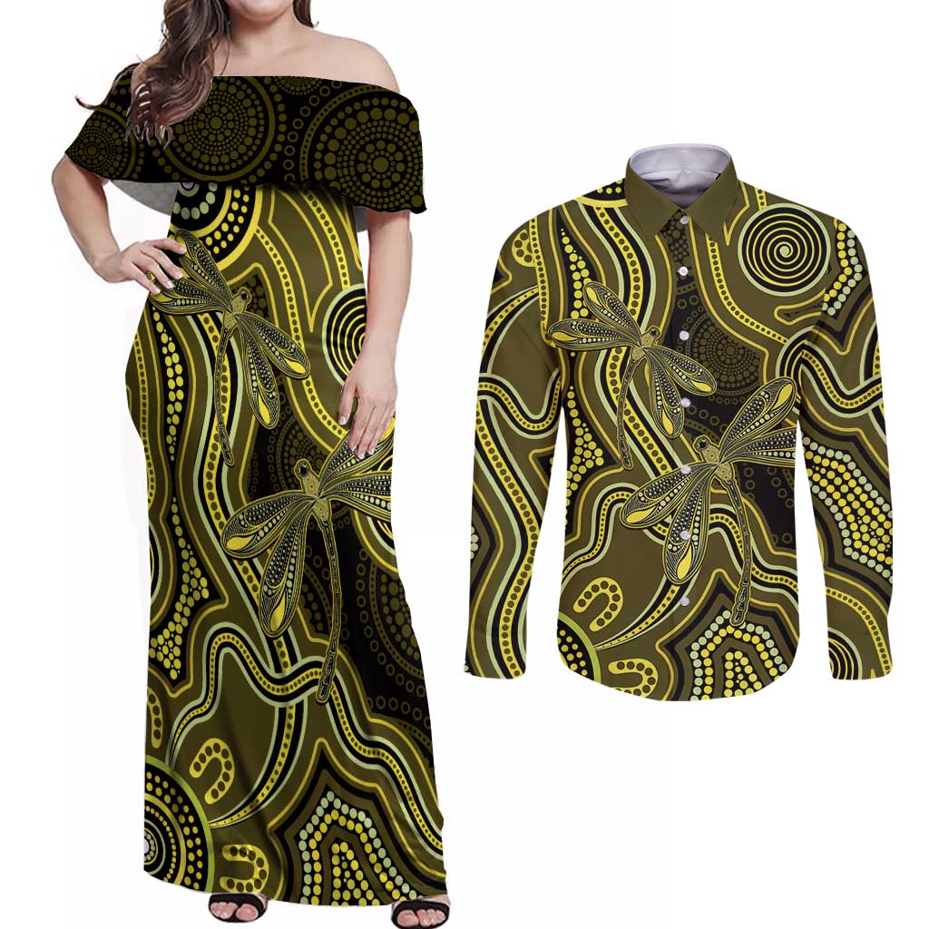 Yellow Indigenous Dragonfly Australia Couples Matching Off Shoulder Maxi Dress and Long Sleeve Button Shirt Aboriginal Art - Aussie Hoodie