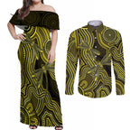 Yellow Indigenous Dragonfly Australia Couples Matching Off Shoulder Maxi Dress and Long Sleeve Button Shirt Aboriginal Art - Aussie Hoodie