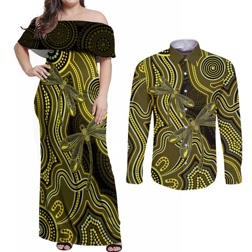 Yellow Indigenous Dragonfly Australia Couples Matching Off Shoulder Maxi Dress and Long Sleeve Button Shirt Aboriginal Art - Aussie Hoodie