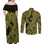 Yellow Indigenous Dragonfly Australia Couples Matching Off Shoulder Maxi Dress and Long Sleeve Button Shirt Aboriginal Art - Aussie Hoodie