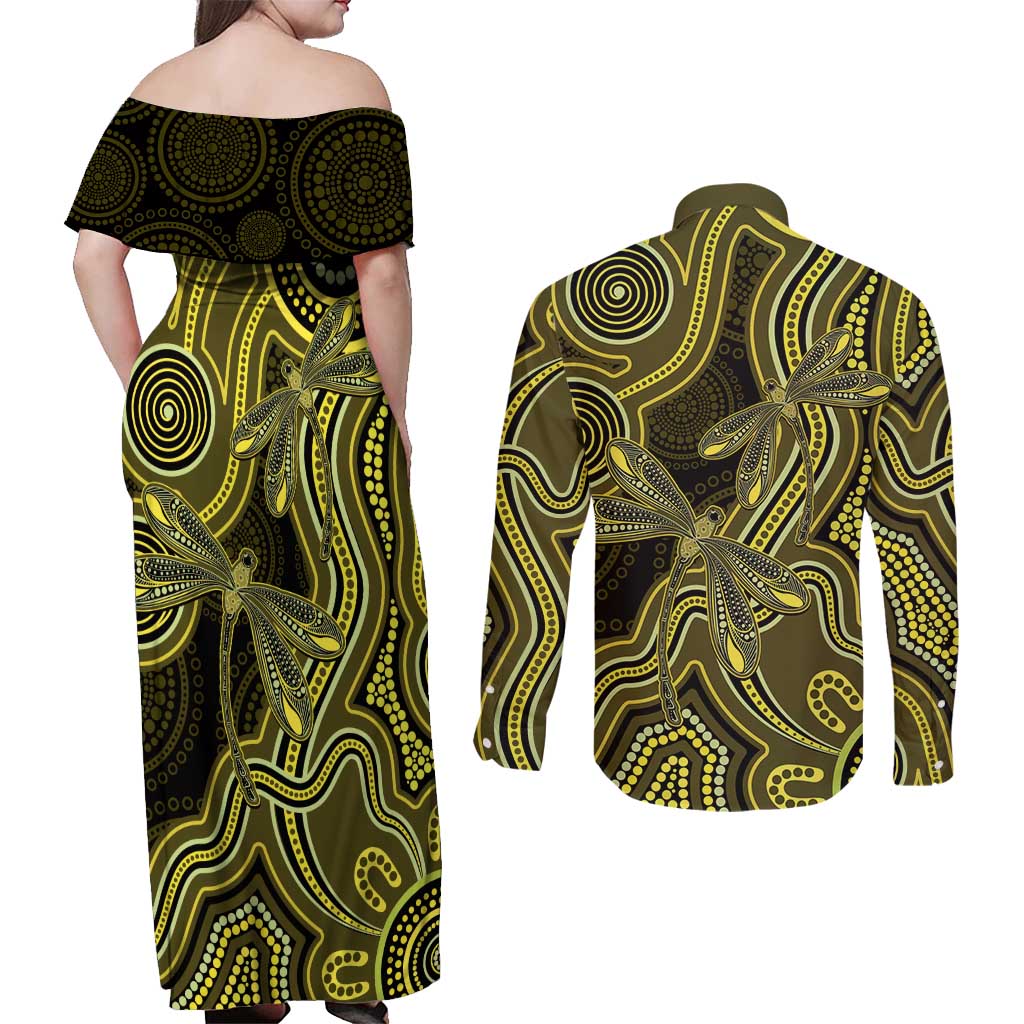 Yellow Indigenous Dragonfly Australia Couples Matching Off Shoulder Maxi Dress and Long Sleeve Button Shirt Aboriginal Art - Aussie Hoodie