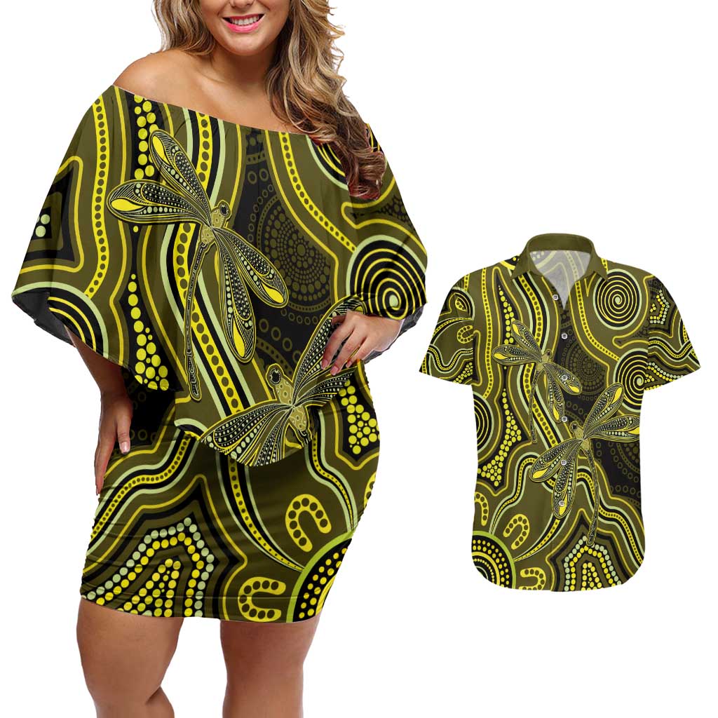 Yellow Indigenous Dragonfly Australia Couples Matching Off Shoulder Short Dress and Hawaiian Shirt Aboriginal Art - Aussie Hoodie