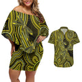 Yellow Indigenous Dragonfly Australia Couples Matching Off Shoulder Short Dress and Hawaiian Shirt Aboriginal Art - Aussie Hoodie