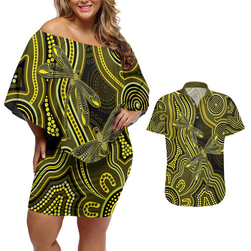 Yellow Indigenous Dragonfly Australia Couples Matching Off Shoulder Short Dress and Hawaiian Shirt Aboriginal Art - Aussie Hoodie