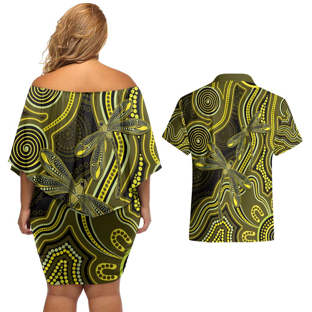 Yellow Indigenous Dragonfly Australia Couples Matching Off Shoulder Short Dress and Hawaiian Shirt Aboriginal Art - Aussie Hoodie