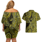 Yellow Indigenous Dragonfly Australia Couples Matching Off Shoulder Short Dress and Hawaiian Shirt Aboriginal Art - Aussie Hoodie