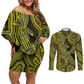 Yellow Indigenous Dragonfly Australia Couples Matching Off Shoulder Short Dress and Long Sleeve Button Shirt Aboriginal Art - Aussie Hoodie