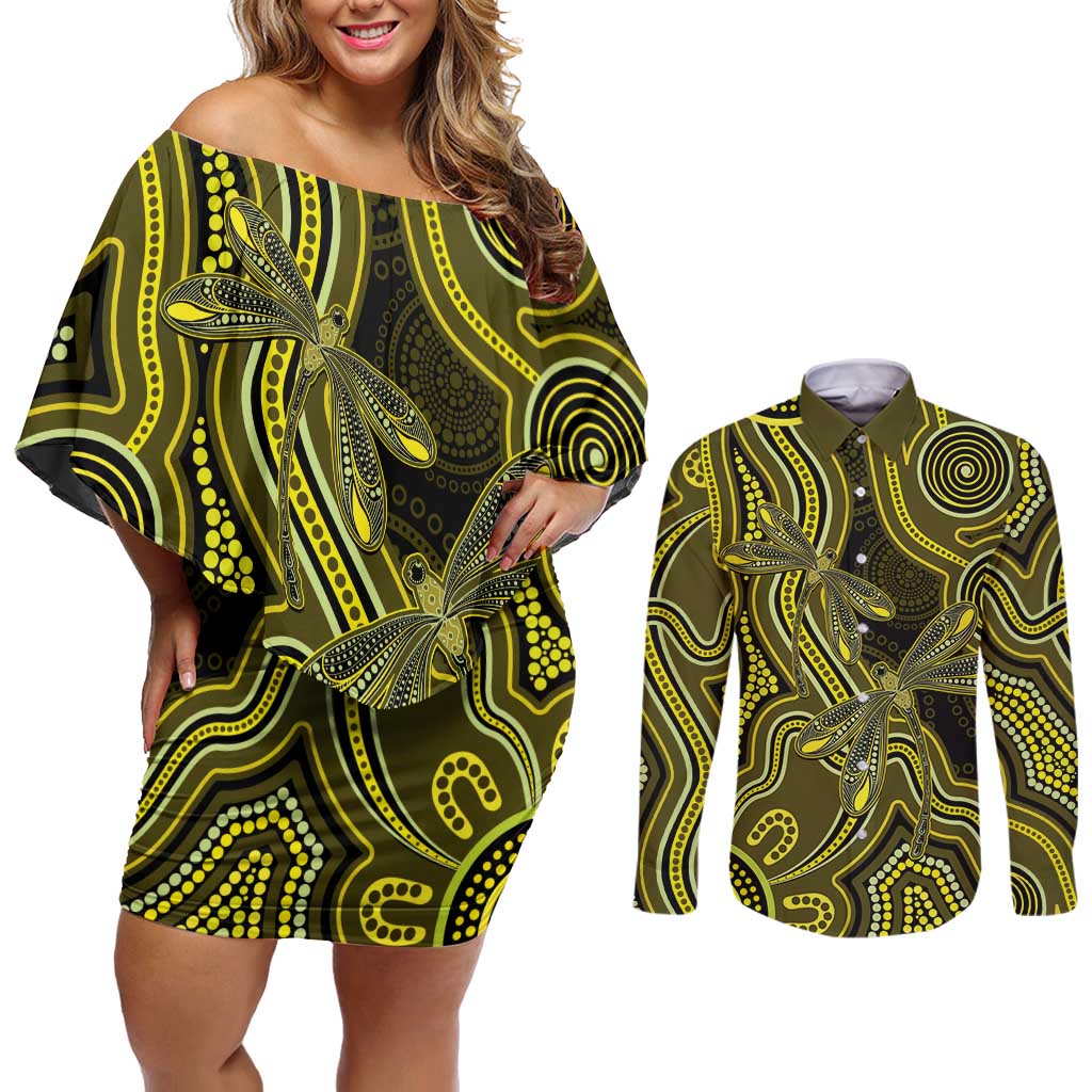 Yellow Indigenous Dragonfly Australia Couples Matching Off Shoulder Short Dress and Long Sleeve Button Shirt Aboriginal Art - Aussie Hoodie