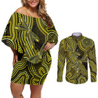 Yellow Indigenous Dragonfly Australia Couples Matching Off Shoulder Short Dress and Long Sleeve Button Shirt Aboriginal Art - Aussie Hoodie