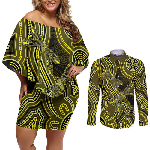 Yellow Indigenous Dragonfly Australia Couples Matching Off Shoulder Short Dress and Long Sleeve Button Shirt Aboriginal Art - Aussie Hoodie