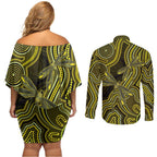 Yellow Indigenous Dragonfly Australia Couples Matching Off Shoulder Short Dress and Long Sleeve Button Shirt Aboriginal Art - Aussie Hoodie