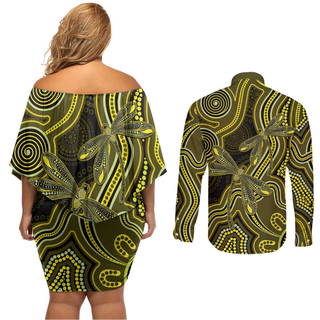 Yellow Indigenous Dragonfly Australia Couples Matching Off Shoulder Short Dress and Long Sleeve Button Shirt Aboriginal Art - Aussie Hoodie