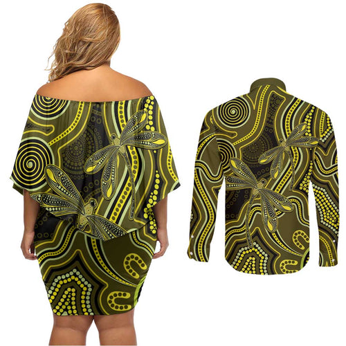 Yellow Indigenous Dragonfly Australia Couples Matching Off Shoulder Short Dress and Long Sleeve Button Shirt Aboriginal Art - Aussie Hoodie