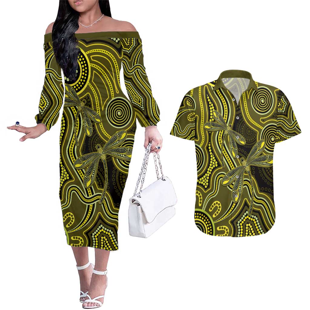 Yellow Indigenous Dragonfly Australia Couples Matching Off The Shoulder Long Sleeve Dress and Hawaiian Shirt Aboriginal Art - Aussie Hoodie