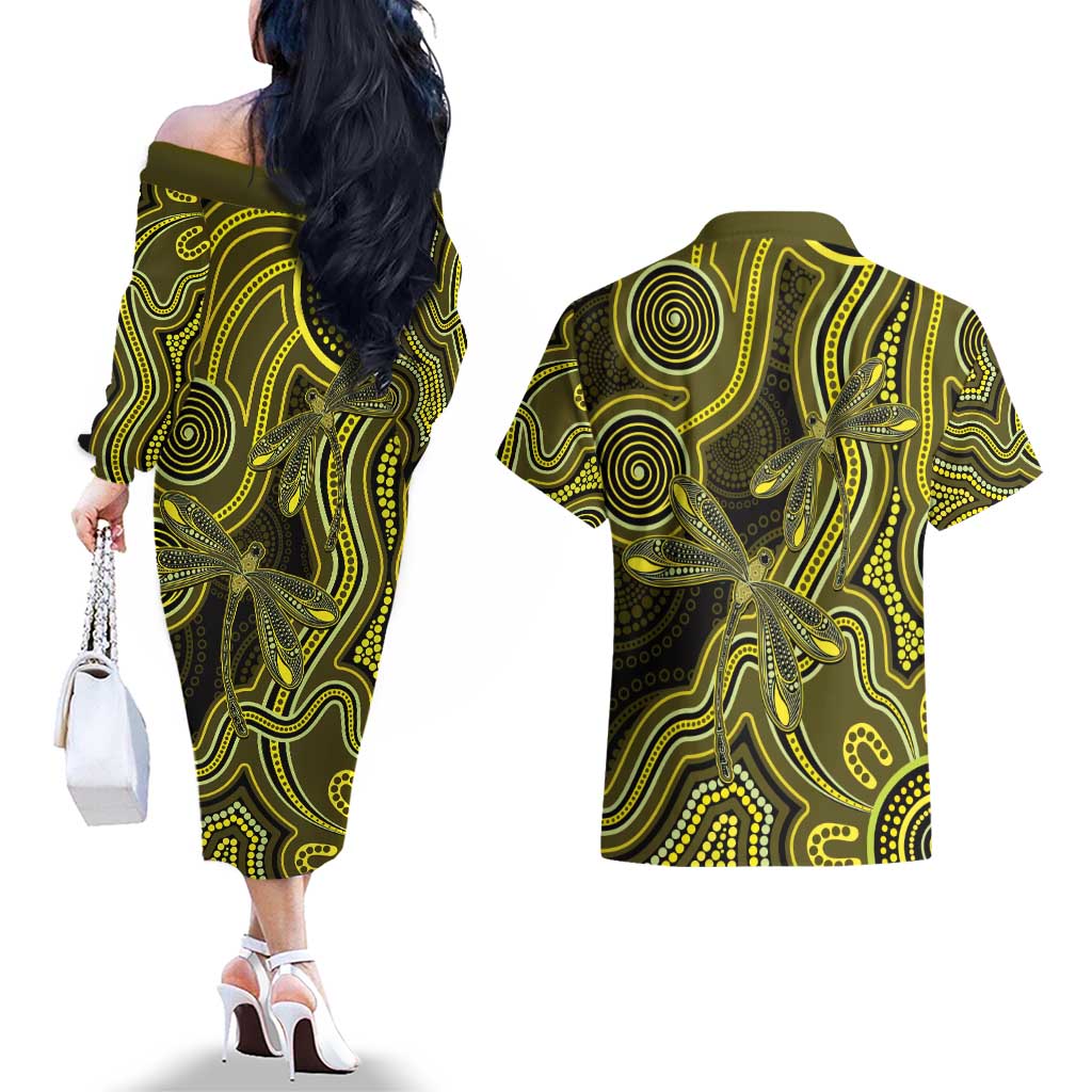 Yellow Indigenous Dragonfly Australia Couples Matching Off The Shoulder Long Sleeve Dress and Hawaiian Shirt Aboriginal Art - Aussie Hoodie