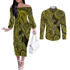 Yellow Indigenous Dragonfly Australia Couples Matching Off The Shoulder Long Sleeve Dress and Long Sleeve Button Shirt Aboriginal Art - Aussie Hoodie