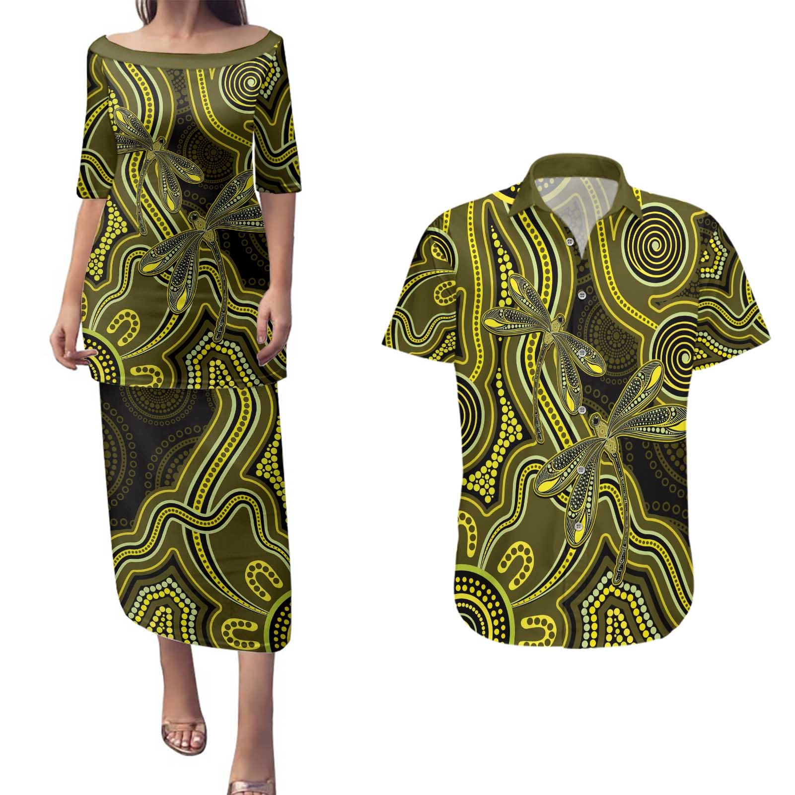 Yellow Indigenous Dragonfly Australia Couples Matching Puletasi and Hawaiian Shirt Aboriginal Art - Aussie Hoodie