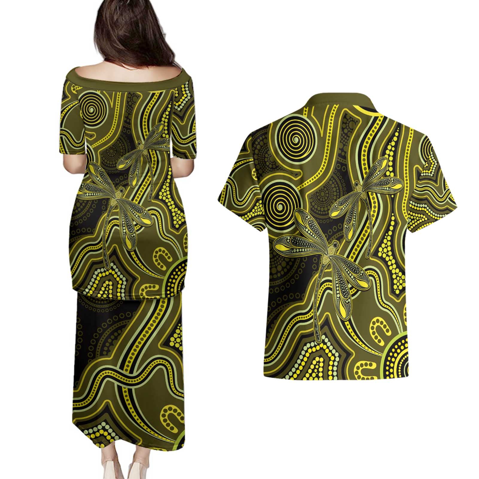 Yellow Indigenous Dragonfly Australia Couples Matching Puletasi and Hawaiian Shirt Aboriginal Art - Aussie Hoodie