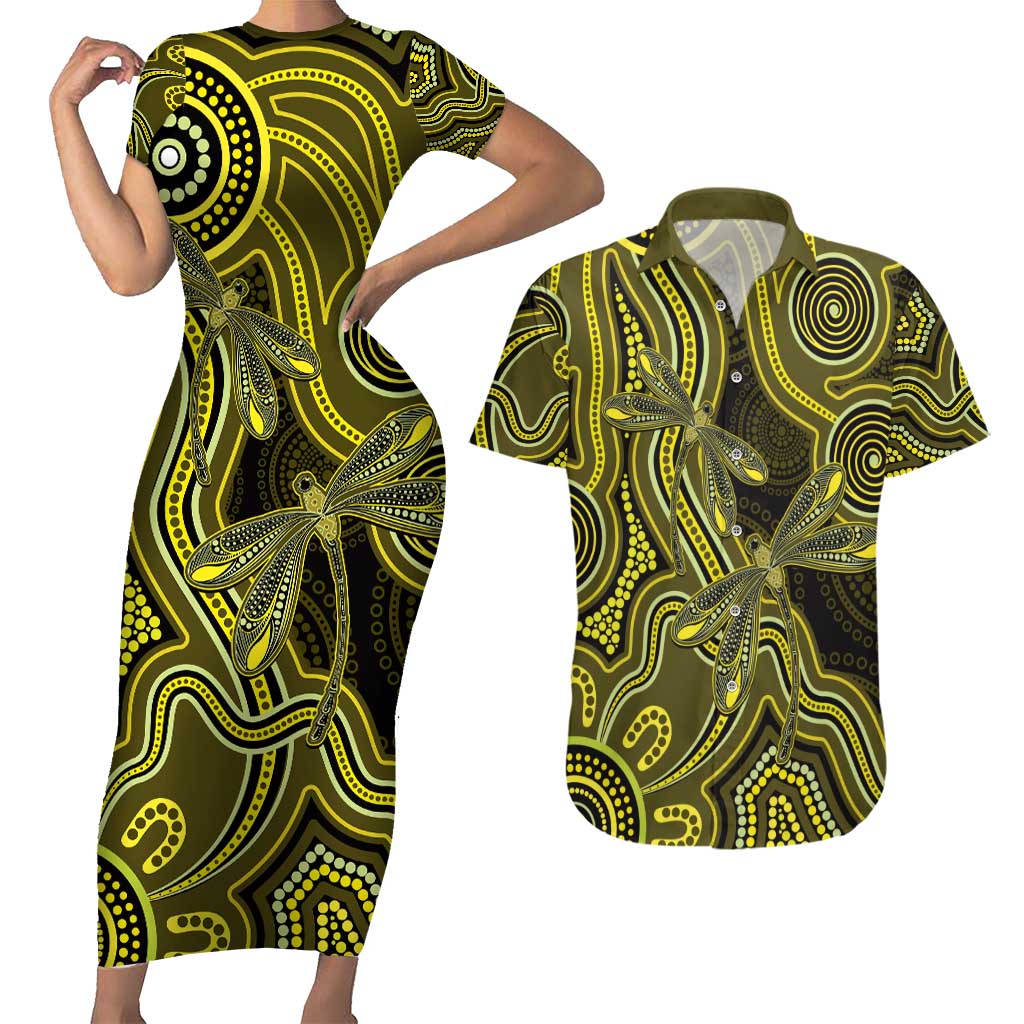 Yellow Indigenous Dragonfly Australia Couples Matching Short Sleeve Bodycon Dress and Hawaiian Shirt Aboriginal Art - Aussie Hoodie