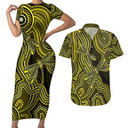 Yellow Indigenous Dragonfly Australia Couples Matching Short Sleeve Bodycon Dress and Hawaiian Shirt Aboriginal Art - Aussie Hoodie