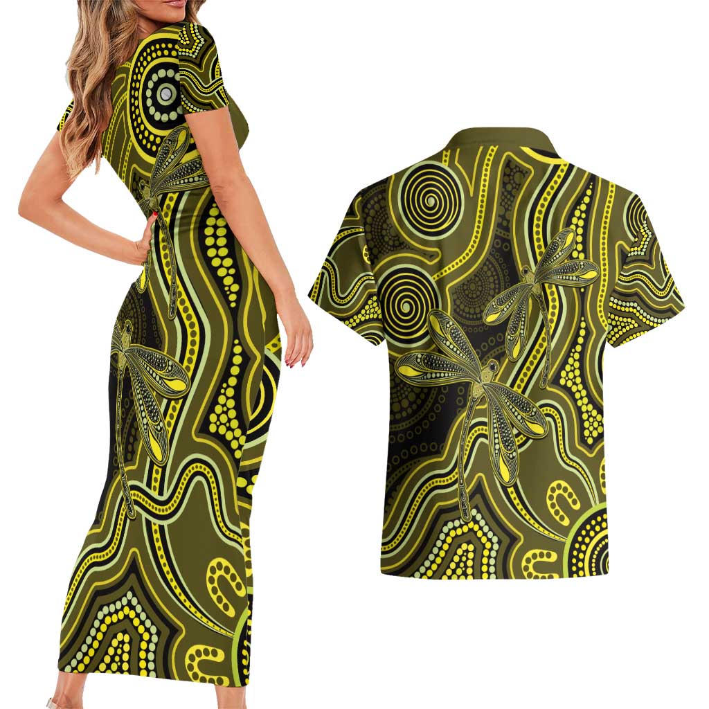 Yellow Indigenous Dragonfly Australia Couples Matching Short Sleeve Bodycon Dress and Hawaiian Shirt Aboriginal Art - Aussie Hoodie