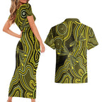 Yellow Indigenous Dragonfly Australia Couples Matching Short Sleeve Bodycon Dress and Hawaiian Shirt Aboriginal Art - Aussie Hoodie