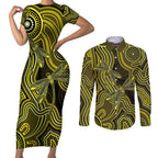 Yellow Indigenous Dragonfly Australia Couples Matching Short Sleeve Bodycon Dress and Long Sleeve Button Shirt Aboriginal Art - Aussie Hoodie