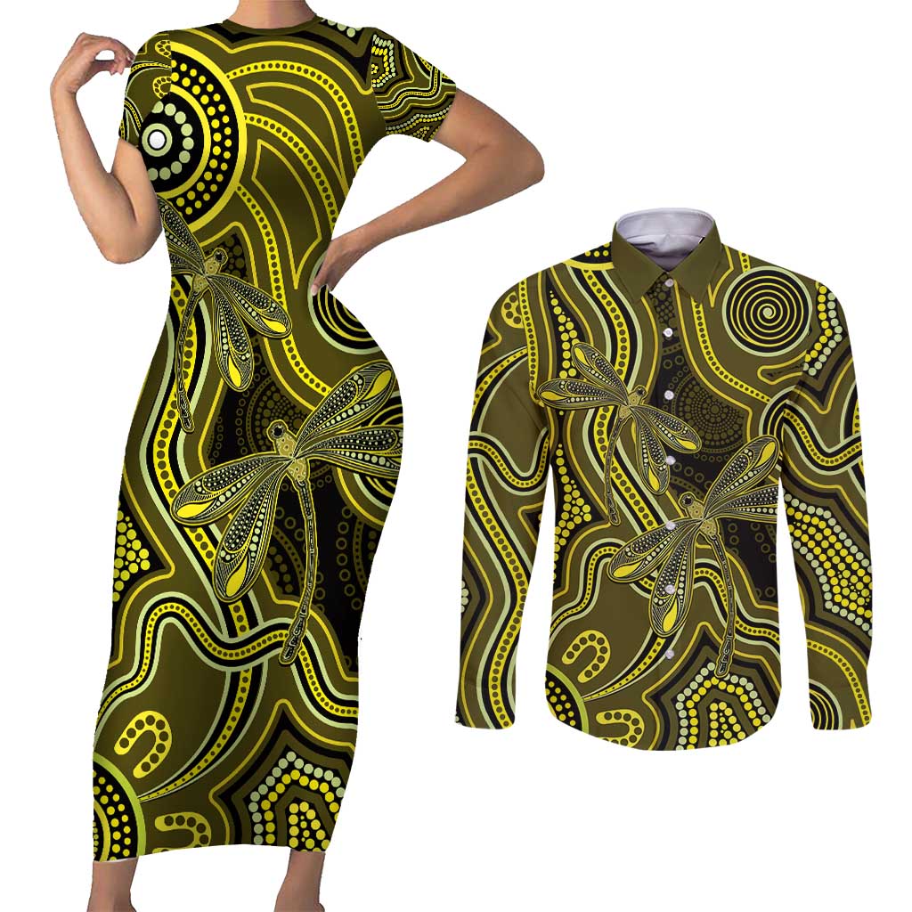 Yellow Indigenous Dragonfly Australia Couples Matching Short Sleeve Bodycon Dress and Long Sleeve Button Shirt Aboriginal Art - Aussie Hoodie