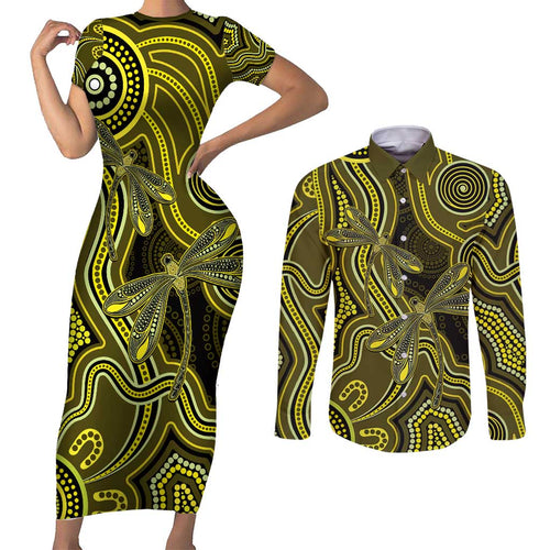 Yellow Indigenous Dragonfly Australia Couples Matching Short Sleeve Bodycon Dress and Long Sleeve Button Shirt Aboriginal Art - Aussie Hoodie