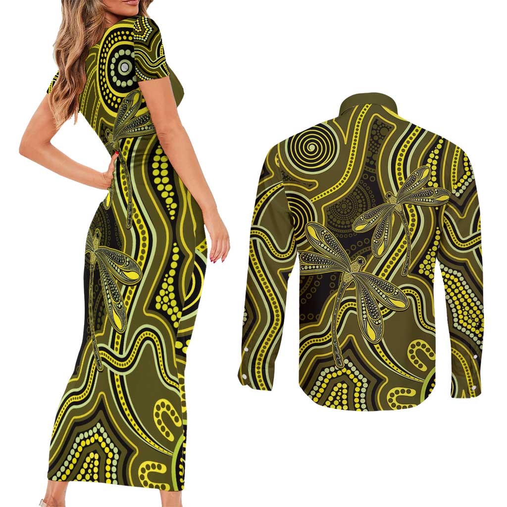 Yellow Indigenous Dragonfly Australia Couples Matching Short Sleeve Bodycon Dress and Long Sleeve Button Shirt Aboriginal Art - Aussie Hoodie