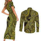 Yellow Indigenous Dragonfly Australia Couples Matching Short Sleeve Bodycon Dress and Long Sleeve Button Shirt Aboriginal Art - Aussie Hoodie