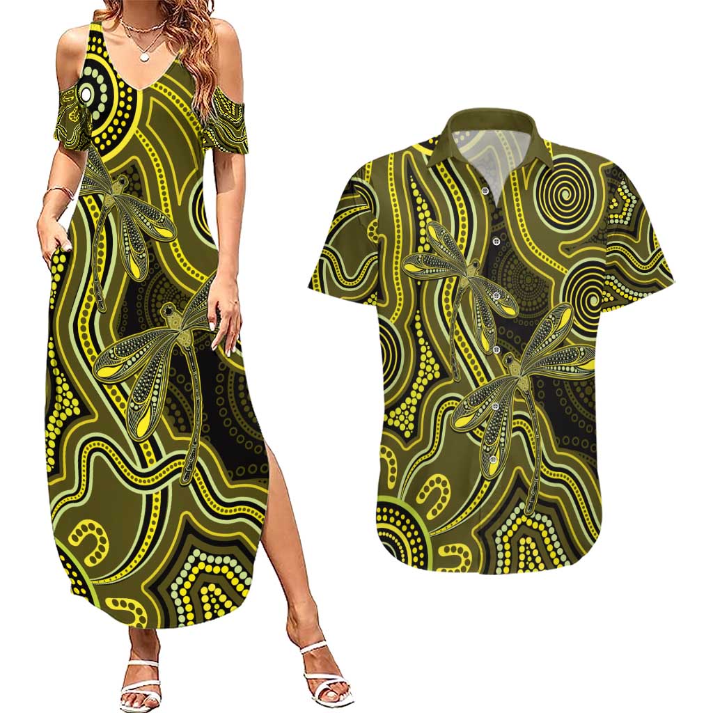 Yellow Indigenous Dragonfly Australia Couples Matching Summer Maxi Dress and Hawaiian Shirt Aboriginal Art - Aussie Hoodie