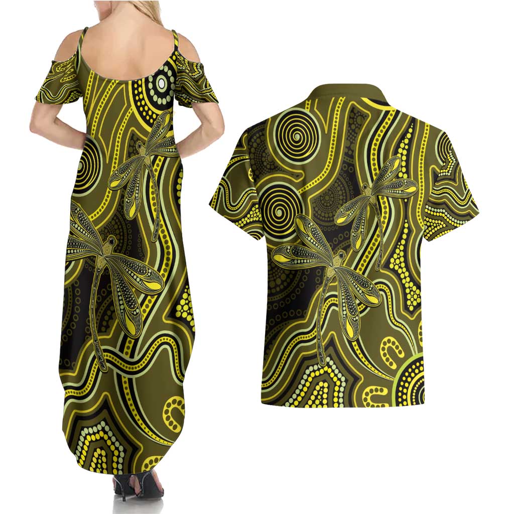 Yellow Indigenous Dragonfly Australia Couples Matching Summer Maxi Dress and Hawaiian Shirt Aboriginal Art - Aussie Hoodie